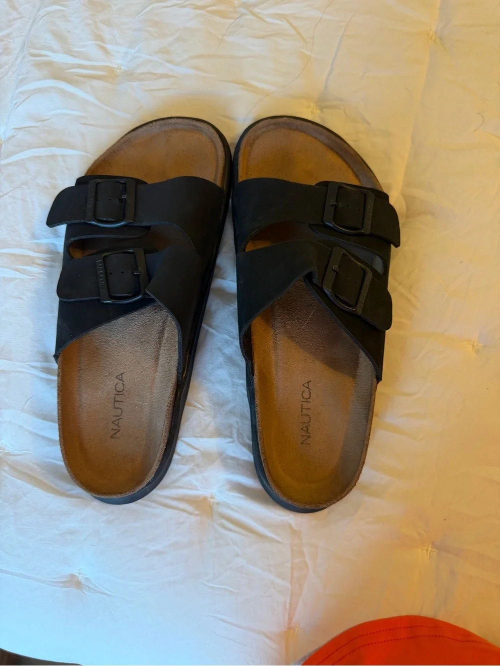 Nautica Black Dual-Strap Buckle Slide Sandals with Brown Footbed
